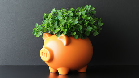 This vibrant orange piggy bank doubles as a planter, featuring lush green leaves on top, adding a playful touch to any indoor space.の素材