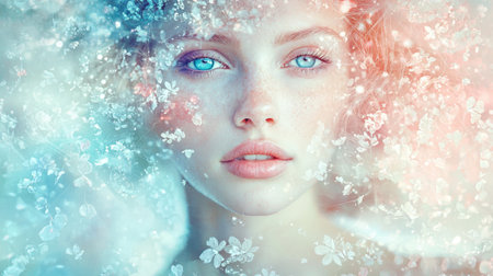 This stunning portrait features a young woman with mesmerizing blue eyes, surrounded by colorful blossoms. The ethereal quality captures beauty and serenity.の素材