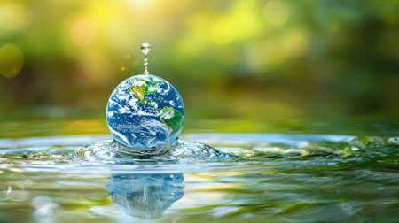 A captivating water droplet creates beautiful ripples around a small Earth globe, set against a softly blurred natural background, symbolizing the connection between water and the planet.の素材