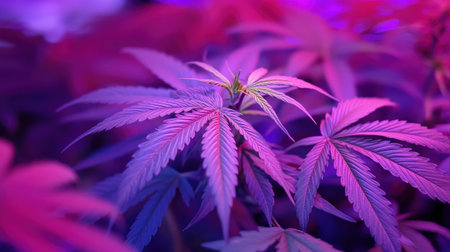 This image captures the striking colors of cannabis leaves illuminated by purple and blue LED lights in a dedicated growth space.の素材