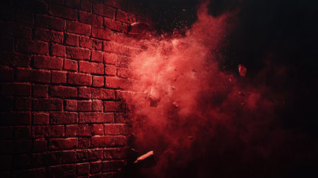 A captivating image of an explosion against a dark wall illuminated by red lighting. This powerful visual creates an intense atmosphere with flying debris and dust, perfect for artistic and dramatic projects.の素材