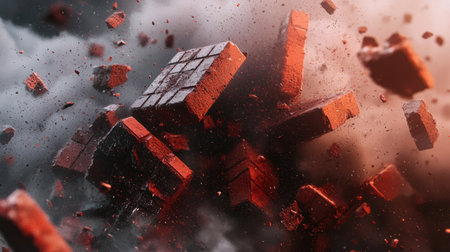 This artwork captures the explosive motion of red blocks surrounded by dust and smoke, creating an atmosphere of chaos and destruction. Perfect for dramatic themes.の素材