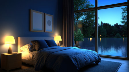 A tranquil bedroom setting featuring a large window with a stunning view of a calm lake at dusk. Soft light enhances the cozy atmosphere, making it ideal for relaxation.の素材