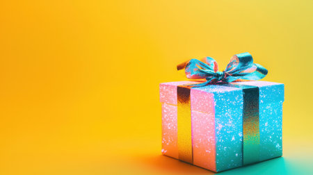 This vibrant gift box adorned with glitter and a beautiful ribbon is set against a bright yellow background, ideal for celebrations.の素材