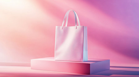 A stylish pink shopping bag stands on a soft gradient background, creating an elegant atmosphere perfect for showcasing products, designs, or promotions.の素材