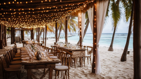 Experience a beautiful beachside dining setting illuminated by fairy lights surrounded by palm trees and tranquil ocean views. Perfect for events!の素材