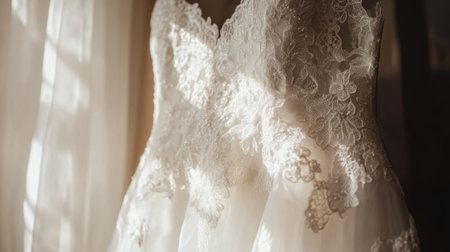 This stunning bridal gown features intricate lace detailing, beautifully illuminated by soft natural light, creating a romantic and dreamy ambiance.の素材