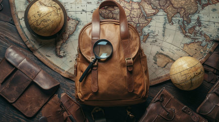 A vintage leather backpack sits on an antique world map, accompanied by globes and a magnifying glass, perfect for travel enthusiasts.の素材