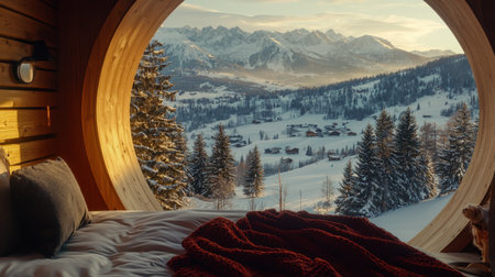 A cozy bedroom featuring a round window that offers a breathtaking view of snow-covered mountains and serene winter landscape. This inviting space captures the essence of relaxation and comfort surrounded by natureの素材