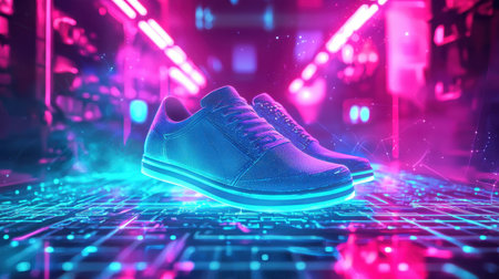 A pair of futuristic neon sneakers with glowing soles set against a vibrant digital background, ideal for showcasing modern fashion and technology.の素材