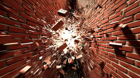 A striking depiction of an explosive breakthrough in a red brick wall, showcasing flying debris and a radiant light source illuminating the chaos.の素材