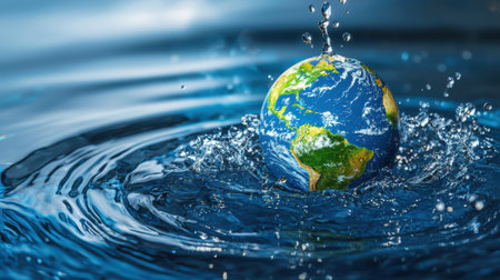 A vibrant globe emerges from water, creating stunning splashes, symbolizing the delicate balance of nature and the importance of conservation efforts.の素材