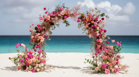 This stunning floral arch, adorned with an array of pink and peach roses, creates a romantic backdrop on a pristine beach, perfect for celebrations.の素材