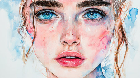 This artistic portrait captures a young woman's striking blue eyes and soft features, enhanced by a vibrant watercolor background, evoking emotion and beauty.の素材