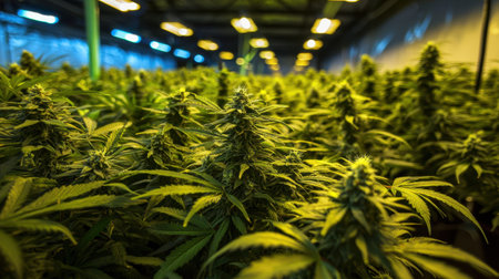 A vibrant scene of healthy cannabis plants flourishing in a controlled indoor environment, showcasing the intricate details of their growth under artificial lights.の素材