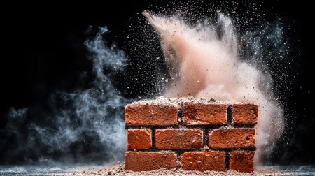 A captivating image of dust and debris exploding from a red brick wall, showcasing a dramatic scene filled with motion and texture.の素材