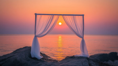 A stunning view of a sunset framed by a draped fabric arch, casting warm colors over the ocean and rocky shoreline, creating a tranquil atmosphere.の素材