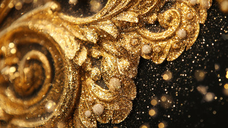 This captivating close-up image features intricate golden swirls and charming sparkles on a deep dark background, perfect for evoking luxury.の素材