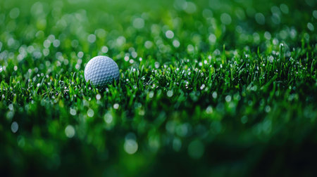 A close-up view of a white golf ball resting on lush green grass adorned with dewdrops, capturing the essence of outdoor sports and nature.の素材