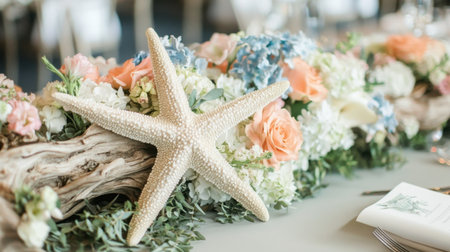 A stunning table decoration featuring a large starfish surrounded by a variety of colorful flowers, perfect for a coastal wedding or special event.の素材