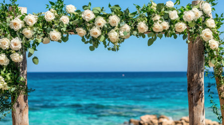 This captivating image showcases a wedding setup adorned with fresh white roses against a picturesque ocean backdrop, creating a romantic atmosphere.の素材