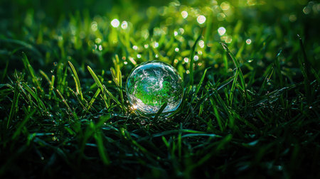 A stunning close-up image of a clear bubble resting on fresh green grass, beautifully reflecting the surrounding nature in soft morning light.の素材