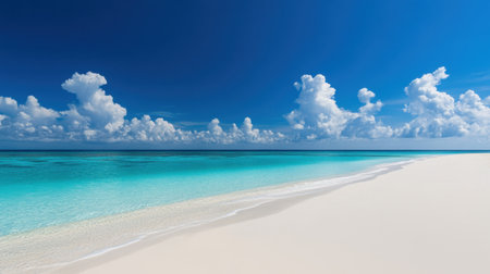 Experience the serene beauty of a tropical beach featuring clear turquoise water gently lapping against the soft sand under a bright blue sky.の素材