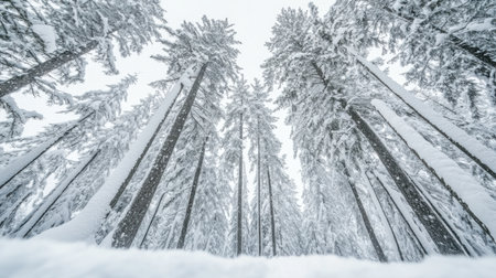 Explore the serene beauty of a snow-covered forest in winter. This image captures tall, majestic trees blanketed in fresh snow, creating a tranquil atmosphere.の素材