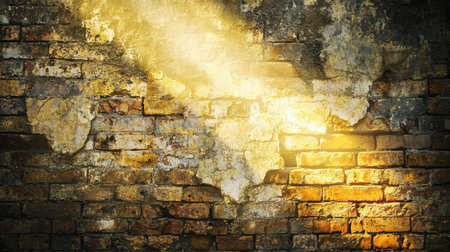 A captivating old brick wall featuring peeling paint and a dramatic beam of light creating striking contrasts and textures. Perfect for artistic backgrounds.の素材