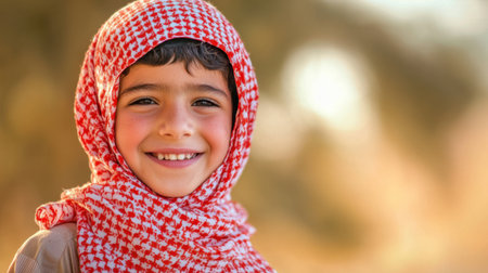 A cheerful young boy smiles brightly while wearing a traditional red and white headscarf. The soft background creates a warm, inviting feel, emphasizing childhood joy.の素材