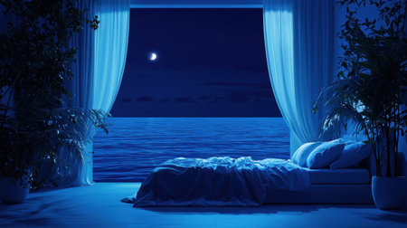 Discover a tranquil sanctuary featuring a cozy bedroom with ocean views, soft drapes, and moonlight reflecting on calm waters, creating a peaceful ambiance.の素材