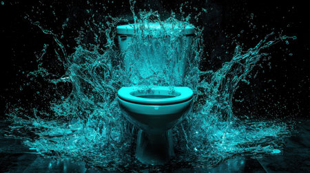 An imaginative depiction of water splashing around a toilet in a dark environment illuminated with vibrant blue highlights. This striking image captures the fluid dynamics in a unique artistic style.の素材