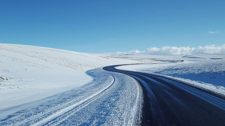 Captivating image of a winding snowy road surrounded by a pristine winter landscape, showcasing clear blue sky and soft clouds. Perfect for travel themes.の素材