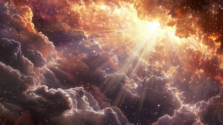 Experience the enchanting beauty of a cosmic landscape filled with vibrant clouds and radiant sunlight, creating a stunning atmosphere.の素材