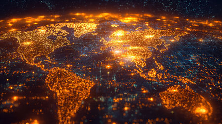 This vibrant illustration showcases a global map with bright orange lights representing cities and their connectivity, capturing the essence of digital networks on Earth.の素材