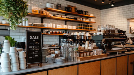 A modern coffee shop interior featuring a stylish decor with an espresso machine, sale signage, and a cozy atmosphere for customers to enjoy.の素材