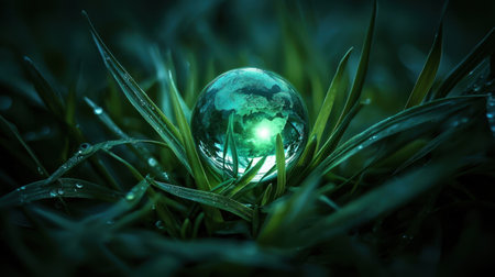 A mesmerizing crystal sphere showcasing Earth is nestled amidst vibrant green grass adorned with dew drops during twilight, capturing nature's beauty.の素材