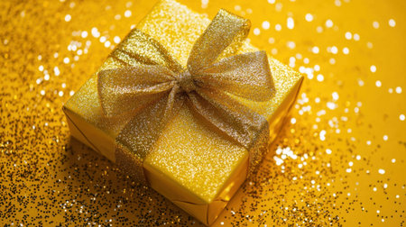 A captivating golden gift box adorned with a shiny bow rests on a sparkling yellow background, perfect for celebration and festive occasions.の素材