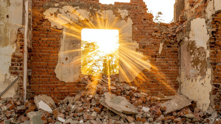 A beautiful scene showcasing sunlight bursting through a brick wall of a dilapidated structure, symbolizing hope amidst decay.の素材