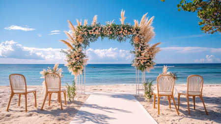 A beautiful beach wedding setup featuring a stunning floral arch, four chairs, and a tranquil ocean view under a clear blue sky.の素材