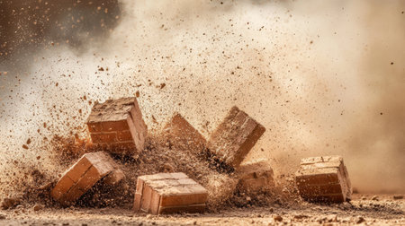 A dramatic scene capturing the explosion of bricks on a construction site, surrounded by swirling dust and debris, showcasing raw energy.の素材