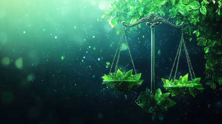 A serene representation of justice symbolized by green scales adorned with vibrant leaves, set in a dreamy, ethereal environment.の素材