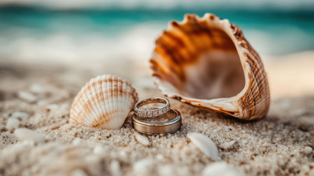 A beautifully captured moment featuring elegant wedding rings nestled in sandy beach, surrounded by seashells and ocean waves. Perfect for romance.の素材