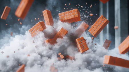 Dynamic explosion of red bricks surrounded by a swirling cloud of dust captures the moment of impact in stunning detail.の素材