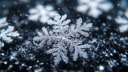 This mesmerizing close-up image showcases a unique snowflake descending gently against a dark background, surrounded by sparkling ice particles.の素材