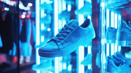 A striking sneaker showcased under vibrant blue lighting, highlighting its sleek design and urban appeal in a modern retail setting.の素材