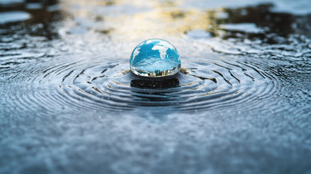 A captivating water droplet serves as a lens reflecting the globe, creating ripples on a wet surface that enhances nature's beauty.の素材