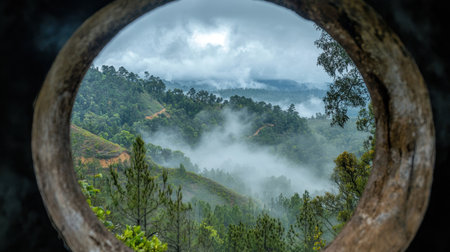 Discover a breathtaking forest landscape framed by a circular view, showcasing misty hills and lush greenery, evoking tranquility and natural beauty.の素材