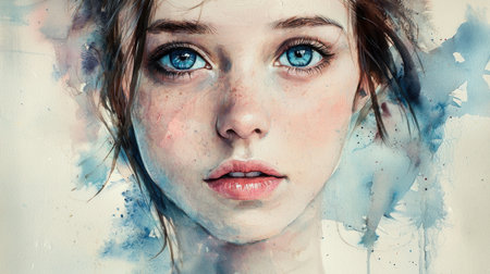 This stunning portrait captures a young woman's beauty with striking blue eyes and a soft watercolor background, embodying tranquility and artistic expression.の素材