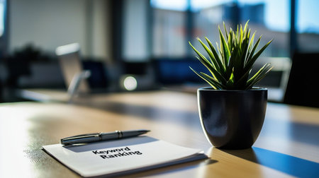 A stylish office workspace featuring a sleek desk with a vibrant plant and a notebook, ideal for inspiring creativity and enhancing productivity.の素材